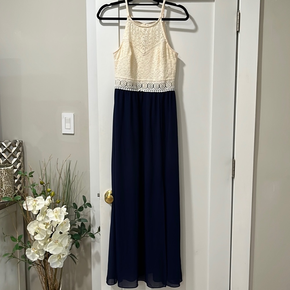 Navy blue and creme lace Maxi dress size M